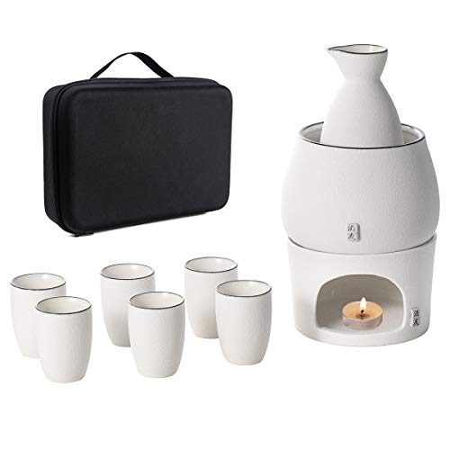 White Sake Set and Cups with Warmer Keep Sake Storage Gift Box, Traditional Porcelain Japanese Pottery Hot Saki Drink, 9-Piece include 1 Stove 1 Warming Bowl 1 Sake Bottle 6 Cup (Candle NOT Included)