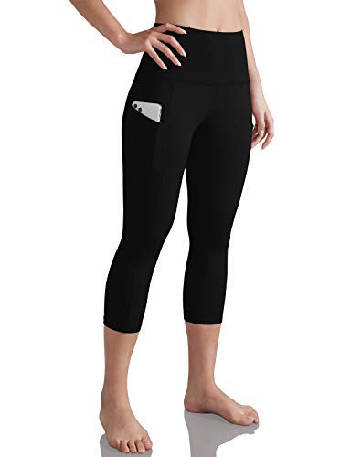 ODODOS Women's High Waist Yoga Capris with Pockets,Tummy Control,Workout Capris Running 4 Way Stretch Yoga Leggings with Pockets,Black,X-Large