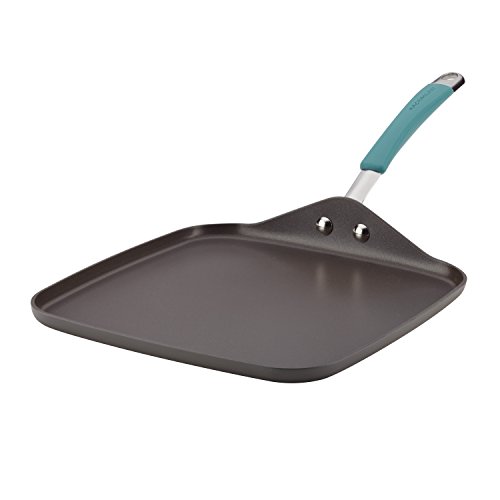 Rachael Ray Cucina Hard Anodized Nonstick Griddle Pan/Flat Grill, 11 Inch, Gray with Agave Blue Handle
