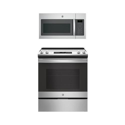GE 2-Piece Stainless Steel Kitchen Package with 30' Slide In Range and Over the Range Microwave Hood
