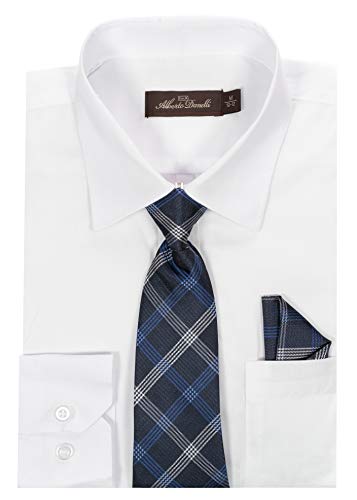 Alberto Danelli Boys Dress Shirt with Matching Tie and Handkerchief, Long Sleeve Button Down, Pocket, White D, 14/16