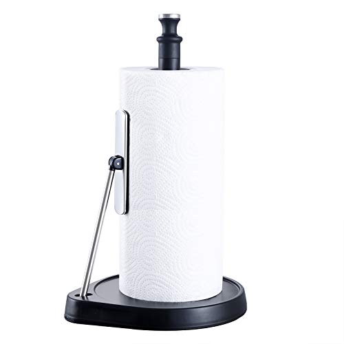 Lucalda Single Tear Paper Towel Holder Countertop, Stainless Steel Roll Dispenser Stand for Kitchen Countertop & Bathroom Paper Towel Rack Easy to Tear with Weighted Base and Tension Arm, Black