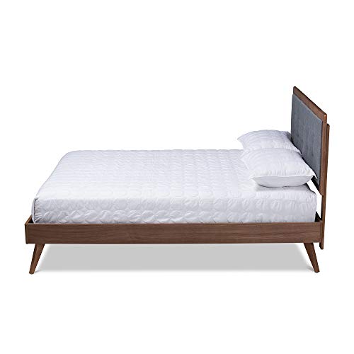 Baxton Studio Ines Mid-Century Modern Dark Grey Fabric Upholstered Walnut Brown Finished Wood Full Size Platform Bed