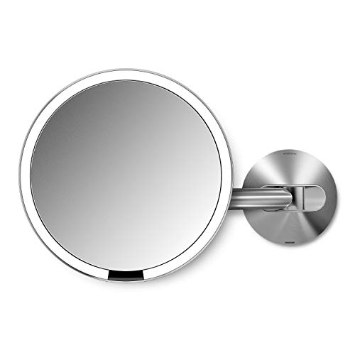 simplehuman 8' Round Wall Mount Sensor Makeup Mirror, 5x Magnification, Rechargeable and Cordless, Brushed Stainless Steel