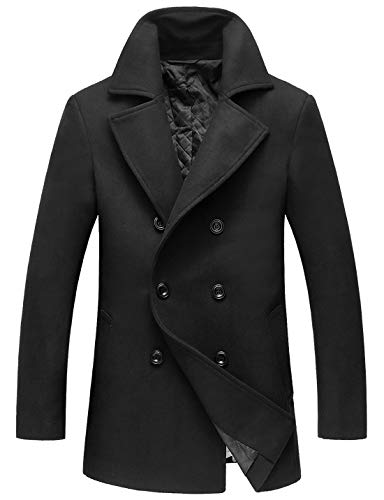 chouyatou Men's Classic Notched Collar Double Breasted Wool Blend Pea Coat (Large, Black)