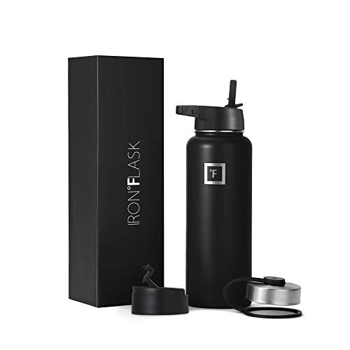 Iron Flask Sports Water Bottle - 14oz,18oz,22oz,32oz,40oz,64oz,3 Lids (Straw Lid),Vacuum Insulated Stainless Steel, Modern Double Walled, Simple Thermo Mug, Hydro Metal Canteen (40 Oz, Midnight Black)