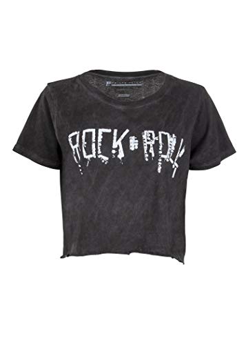 Womens Black Distressed Rock 'n' Roll Design Crop Top Cropped Tee T-Shirt – Size Small