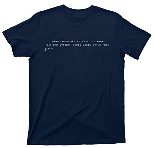 Commodore 64 Start Screen T Shirt Boot 80s 8-Bit Home Computer Videogame Tee (Large, Navy Blue)