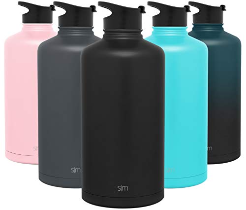 Simple Modern 1 Gallon Summit Sports Water Bottle - 128 Ounce Jug Stainless Steel Flask +2 Lids - Wide Mouth Double Wall Vacuum Insulated Leakproof - Midnight Black