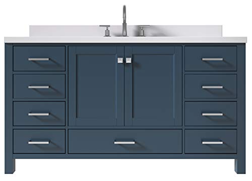 ARIEL 61' Inch Bathroom Vanity in Midnight Blue with 1.5' Inch Straight Edge Pure White Quartz Countertop | Rectangle Sink | 2 Soft Closing Doors & 9 Full Extension Dovetail Drawers | Satin Nickel