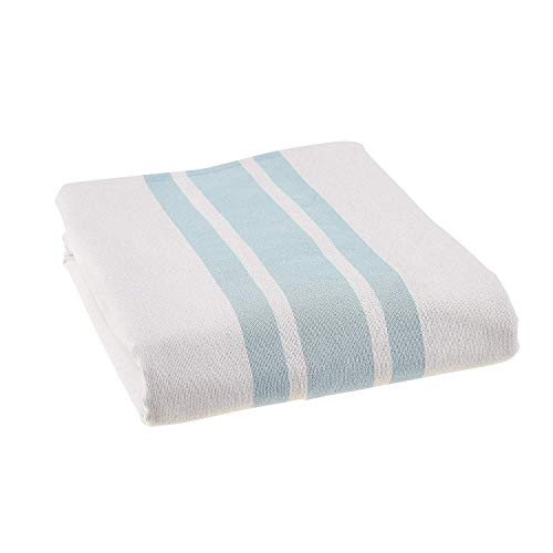 Linteum Textile Cotton Blended Hospital Patient Bath Blanket, Bath Sheet, Lightweight Blanket 70x90 in, 2 lb. White with Light Blue Stripes