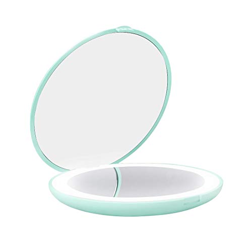 Milishow Travel Mirror with LED Lighted,1x/10x Magnification Compact Mirror with Light, 2-Sided Illuminated Folding Round Mirror, Handheld Pocket Makeup Mirror (Green)
