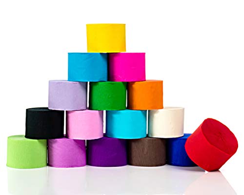 Crepe Paper Rolls (Pack of 16) – Multicolored Party Streamers in 16 Colors – 82 ft Long Creper Paper Streamers – Perfect Streamers for Birthday Party, Weddings, Bridal & Baby Shower Decorations