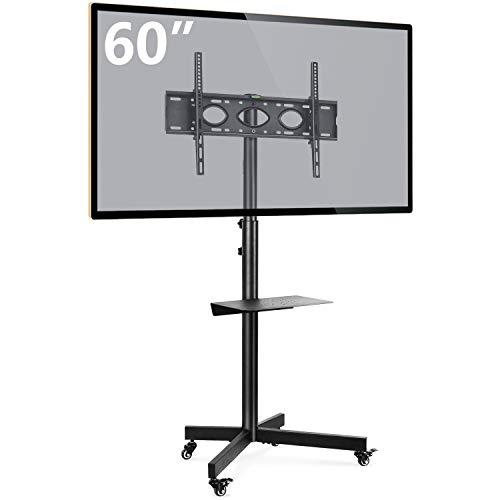 Rfiver Mobile TV Cart with Wheels Portable for 32 37 40 42 47 50 55 60 Inch LCD LED Plasma Flat Screen TVs Monitors up to 88lbs, Black Tall TV Floor Stand with AV Shelf, Max VESA 600x400mm