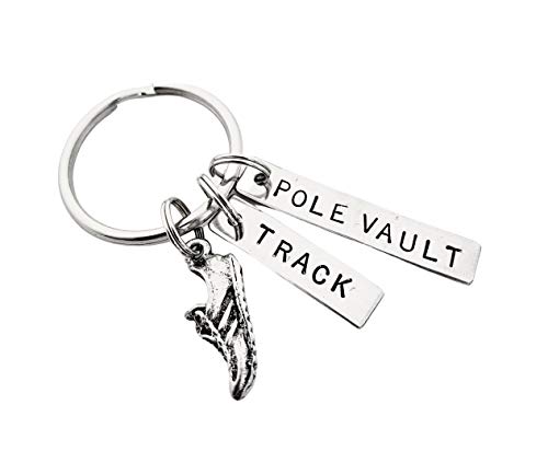 RUN TRACK POLE VAULT Key Chain - Running Shoe Charm and Hand Stamped TRACK and POLE VAULT Pendants on Round Key Ring - Track and Field Pole Vault Event