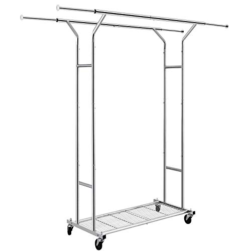 Simple Trending Double Rail Clothing Garment Rack, Heavy Duty Commercial Grade Rolling Clothes Organizer with Wheels and Bottom Shelves, Holds up to 250 lbs, Chrome