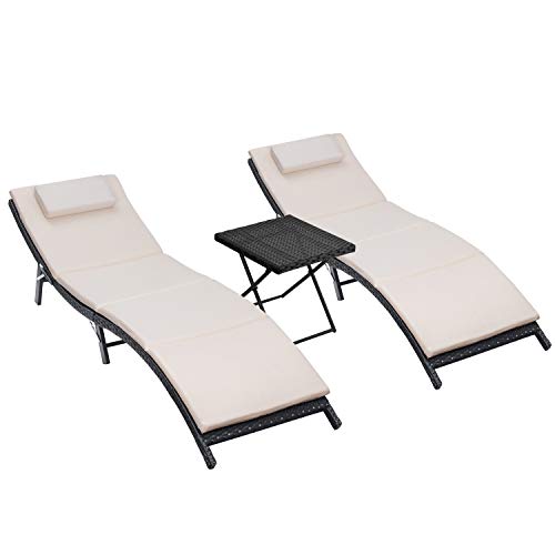 Homall 3 Pieces Patio Chaise Lounge Chair Sets Outdoor Beach Pool PE Rattan Reclining Chair with Folding Table and Cushion (Beige)