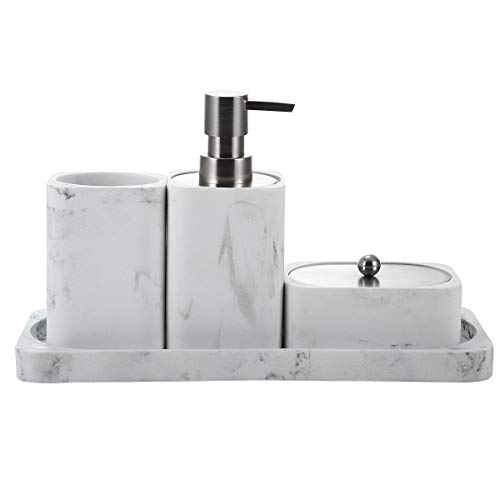 Bathroom Accessory Set, 4 Pieces, Decorative Soap Dispenser, Toothbrush Cup Holder/Tumbler, Q-Tip Dish, and Vanity Tray, Marble White, Stain and Odor Resistant