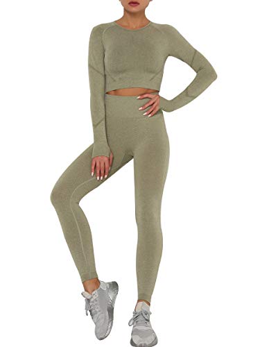 JOYMODE Women's Matching Set Long Sleeve Round Neck Midriff Crop Top with Compression Tights Green