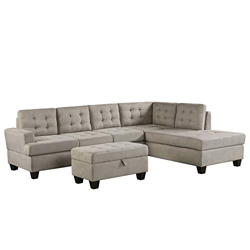 Sofa 3-Piece Sectional Sofa with Chaise Lounge and Storage Ottoman L Shape Couch Living Room Furniture(Gray)