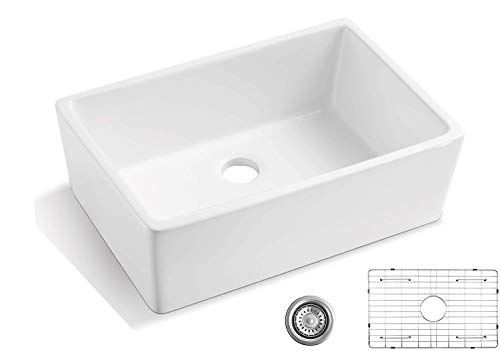 Luxury 24 inch Fireclay Farmhouse Apron-Front Kitchen Sink Single Bowl - ALWEN White Ceramic Sink with Stainless Steel Grid and Strainer