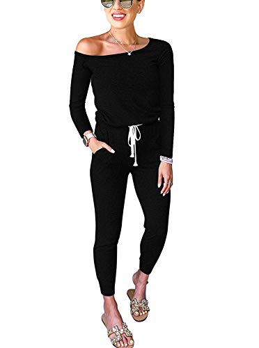 Women's Casual Long Sleeve Jumpsuit Crewneck One Off Shoulder Drawstring Waist One Piece Outfit Romper Harem Jumpsuit with Pockets Black Large