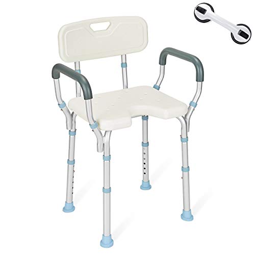 OasisSpace Heavy Duty Shower Chair with Back and Arms 300lb, Bathtub Chair with Handles - Free Assist Grab Bar - Medical Tool Free Shower Cutout Seat for Handicap, Disabled, Seniors & Elderly