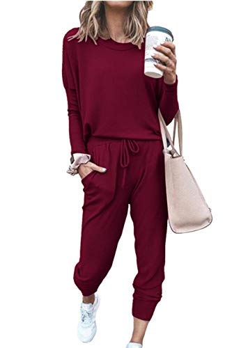 PRETTYGARDEN Women’s Fashion Solid Color Two Piece Outfit Long Sleeve Crewneck Pullover Tops And Long Pants Sweatsuits Tracksuits (Wine Red, Medium)