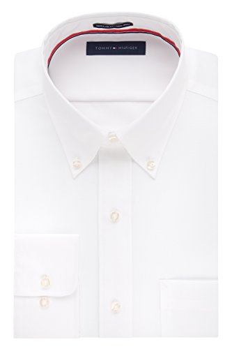 TOMMY HILFIGER Men's Non Iron Solid Button Down Collar, White, 17' Neck 34'-35' Sleeve (X-Large)