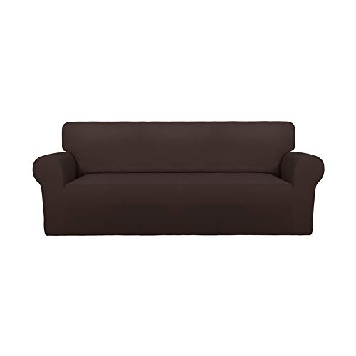 PureFit Super Stretch Chair Sofa Slipcover – Spandex Non Slip Soft Couch Sofa Cover, Washable Furniture Protector with Non Skid Foam and Elastic Bottom for Kids, Pets （Oversized Sofa， Chocolate）