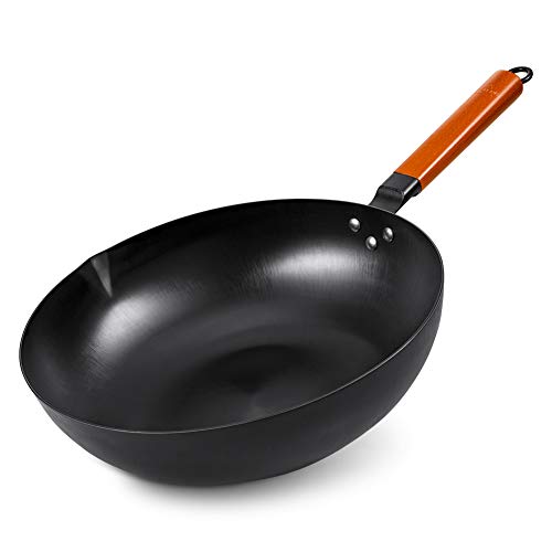 SKY LIGHT Wok Pan, No Chemical Stir Fry Pan 12.5-inch, 100% Carbon Steel Chinese Iron Pot with Detachable Wooden Handle, Scratch Resistant Flat Bottom for Electric, Induction & Gas Stoves, Oven Safe