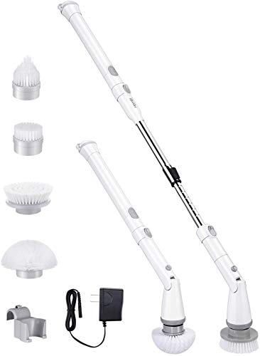 Homitt Electric Spin Scrubber with Rechargeable Battery, 360 Power Tile Scrubber with 4 Multi-Purpose Replaceable Shower Scrubber Brush Heads, 1 Extension Arm for Bathroom, Tub, Floor