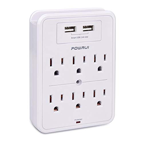 POWRUI Surge Protector, USB Wall Charger with 2 USB Charging Ports(Smart 2.4A Total), 6-Outlet Extender and Top Phone Holder for Your Cell Phone, White, ETL Listed