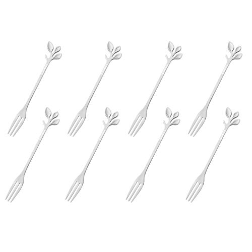Silver Stainless Steel Dessert Fruit Forks Set of 8, Tableware Flatware Party Supplies, 4.7 inch Specialty Demitasse Stirring Spoons Mini Salad Appetizing Cake Fork