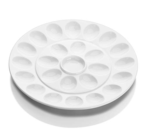 DOWAN Deviled Egg Plate, 12.75 Inches Ceramic Deviled Egg Platter with Sauce Holder, White Egg Dish, Deviled Egg Tray for 24 Eggs