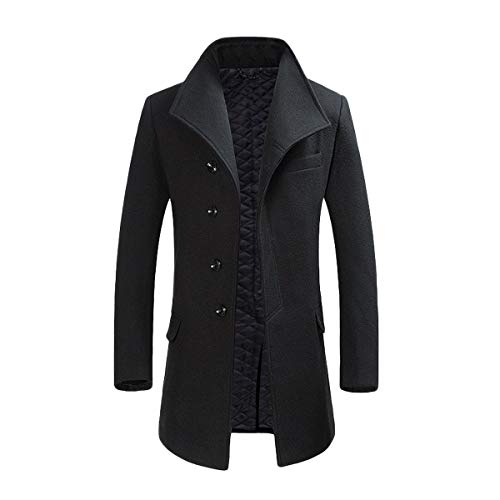 Cloudstyle Mens Quality Mid Long Wool Trench Pea Coat Wide Lapel Warm Jacket Overcoat Black