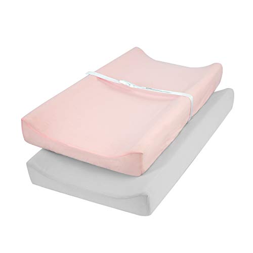 TILLYOU Jersey Knit Ultra Soft Changing Pad Cover Set-Unisex Diaper Change Table Sheets for Baby Girls and Boys-Fit 32'/34'' x 16' Pad-Comfortable Cozy Cradle Sheets-2 Pack Peachy Pink & Lt Gray