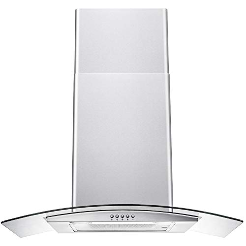 DKB Range Hood 30' Inch Glass Canopy Wall Mount Stainless Steel Kitchen Exhaust Vent With 400 CFM, 3 Speed Fan and Push Button Control Panel | DKB-168D-30