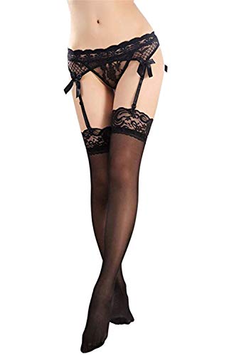 MISMXC Women's 3 Pieces Lace Garter Belt Stockings Sets with Butterfly Panty (Black)
