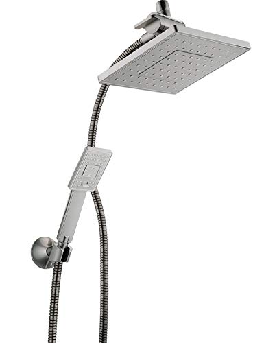 Bright Showers Rain Shower head with Handheld Spray 5 ft. Shower Hose Combo Includes Wall Mount Suction Bracket, 3-Way Water Diverter Mount (8 Inch Square, Brushed Nickel)
