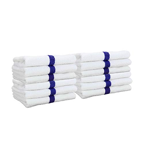 Arkwright Cotton White Hand Towels with Blue Center Stripes, Pack of 12 Absorbent Gym Towel for Hotel, Spa (16 x 27 Inch)