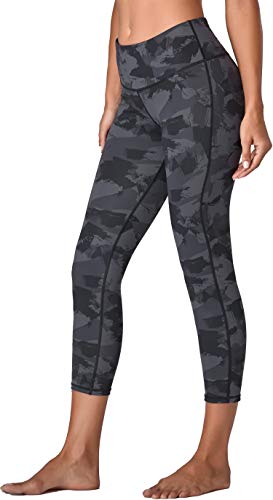 Oalka Women's Yoga Capris Running Pants Workout Leggings Camo Charcoal Splinter Large