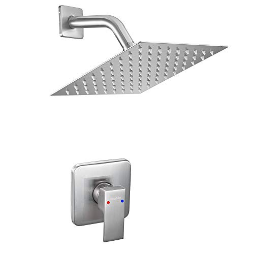 Single Function Shower Trim Kit with Rough-in Valve, Bathroom Rain Shower Set Bath Rainfall Shower Faucet System with Square Stainless Steel Metal Showerhead, Brushed Nickel