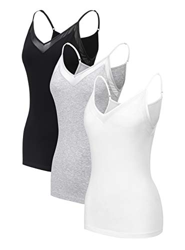 Femofit Women's Tank Top Cotton & Modal Camisole Long Length Layering Lace Mesh Neckline Undershirt Camis 3 Pack (Black+White+Heather Light Gray,L)