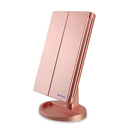 CZW Trifold Makeup Vanity Mirror with 36 Dimmable Lights, Dual Power LED Lighted Portable Cosmetic 2X/3X Magnification Mirrors