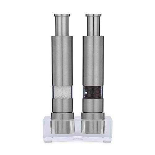 Grind Gourmet Salt and Pepper Grinder Set of 2 with Modern Thumb Push Button Grinder, Premium Stainless Steel, for Black Pepper, Sea Salt and Himalayan Salt, With Stand'
