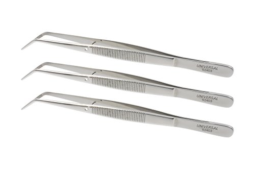 Universal Stainless Steel Tweezers – Heavy Pattern Precision Grade Curved Tip Forceps Tweezers with Serrated Tip and Knurled Handle (3 Pack)