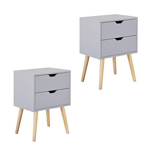 KSWIN 2-Drawer Nightstand White End Side Table, Solid Wood Legs Beside Table, Living Room Bedroom Furniture, Set of 2