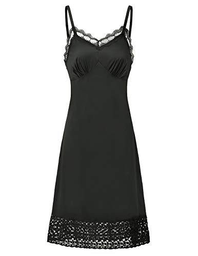 Full Length Slip Dress for Women Black Lace Slip Lingerie Sleepwear, S