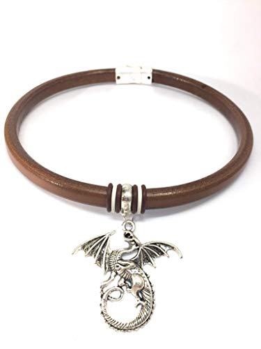 Brown Leather Antique Silver-Color Dragon Choker Collar